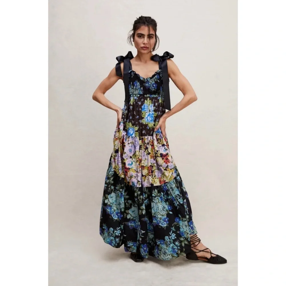 Free People Bluebell Boho Maxi Dress Ribbon Straps Floral Cool Combo - Picture 3 of 16